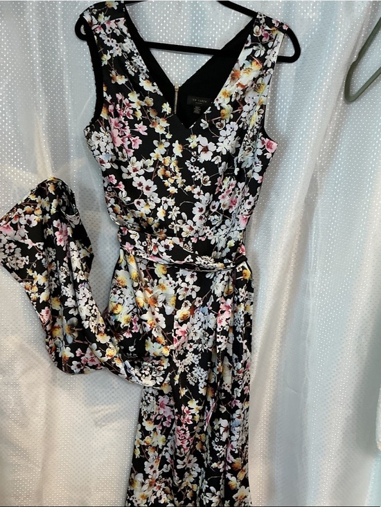 Ted Baker Pants - Ted Baker Black Floral V-Neck Tie-Waist Sleeveless Jumpsuit